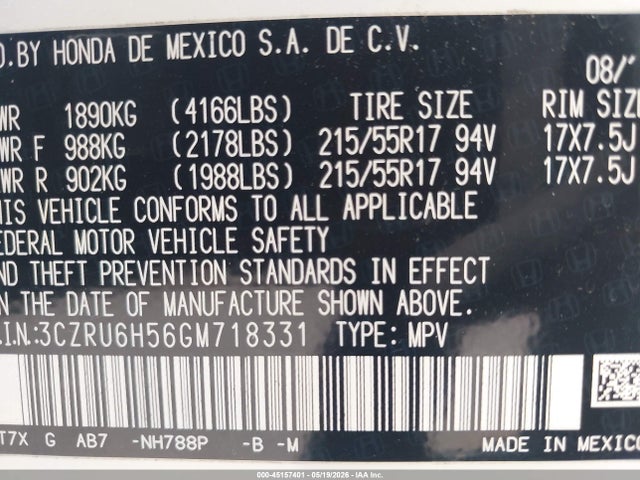 45157401 :رقم المزاد ، 3CZRU6H56GM718331 vin ، 2016 Honda Hr-v Ex مزاد بيع