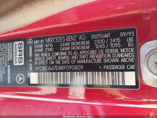45157405 :رقم المزاد ، WDBFA67E8RF090809 vin ، 1994 Mercedes-benz Sl 500 مزاد بيع