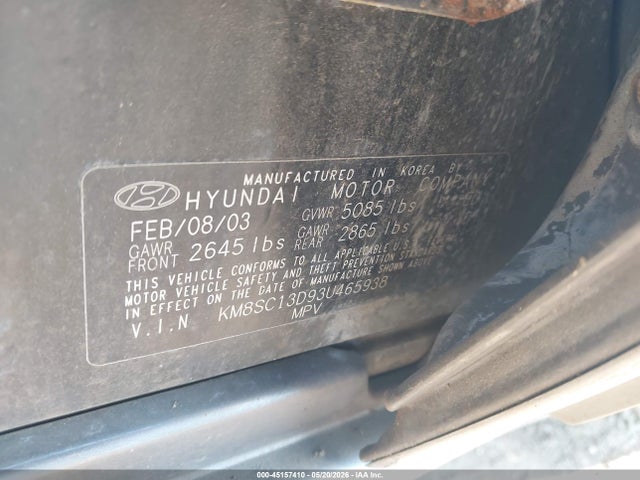 Aukcja sprzedaży 2003 Hyundai Santa Fe Gls/lx, vin: KM8SC13D93U465938, numer aukcji: 45157410