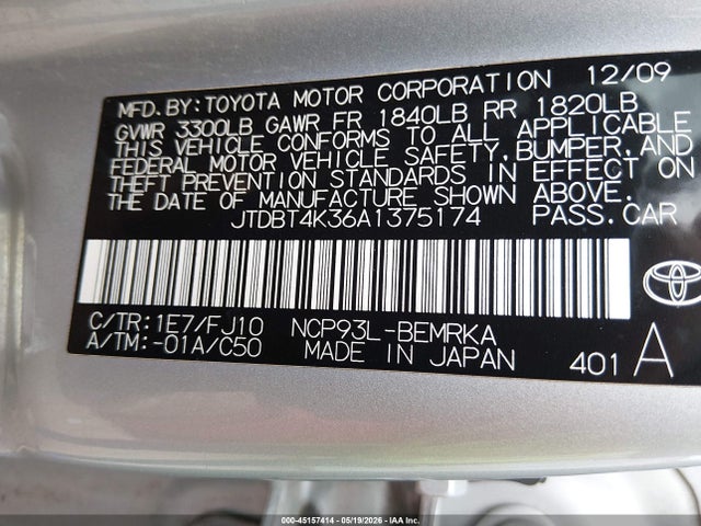 45157414 :رقم المزاد ، JTDBT4K36A1375174 vin ، 2010 Toyota Yaris مزاد بيع