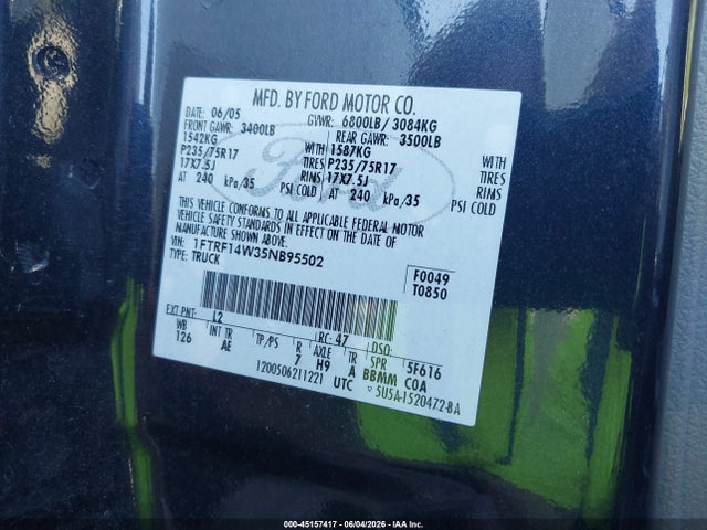 2005 Ford F-150 Stx/xl/xlt მანქანა იყიდება აუქციონზე, vin: 1FTRF14W35NB95502, აუქციონის ნომერი: 45157417