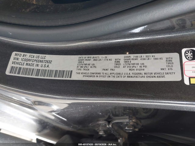 Auction sale of the 2025 Ram 1500 Warlock  4x4 5'7 Box, vin: 1C6SRFGP6SN672632, lot number: 45157420