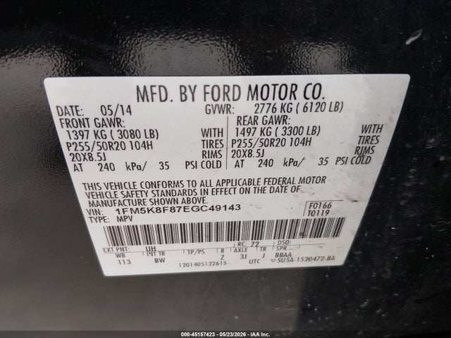45157423 :رقم المزاد ، 1FM5K8F87EGC49143 vin ، 2014 Ford Explorer Limited مزاد بيع
