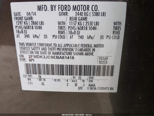 45157428 :رقم المزاد ، 2FMDK3JC9EBA61418 vin ، 2014 Ford Edge Sel مزاد بيع