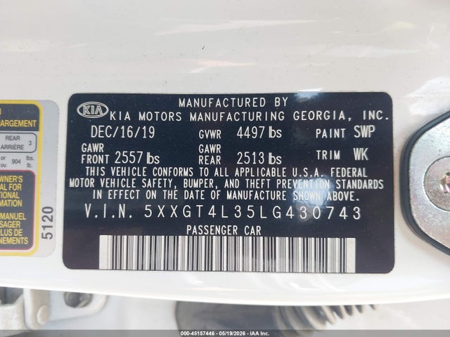Aukcja sprzedaży 2020 Kia Optima Lx, vin: 5XXGT4L35LG430743, numer aukcji: 45157446