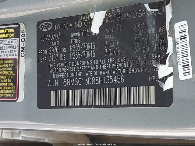 Aukcja sprzedaży 2008 Hyundai Santa Fe Gls, vin: 5NMSG13D88H135456, numer aukcji: 45157447
