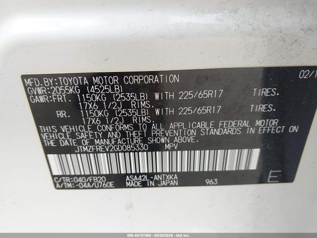 Aukcja sprzedaży 2016 Toyota Rav4 Le, vin: JTMZFREV2GD085330, numer aukcji: 45157460