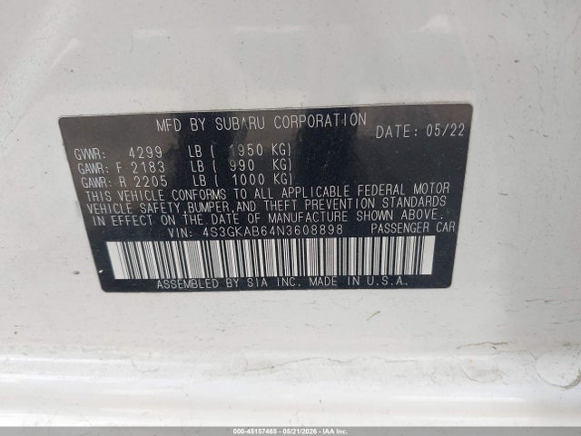 Продажа на аукционе авто 2022 Subaru Impreza Base, vin: 4S3GKAB64N3608898, номер лота: 45157465