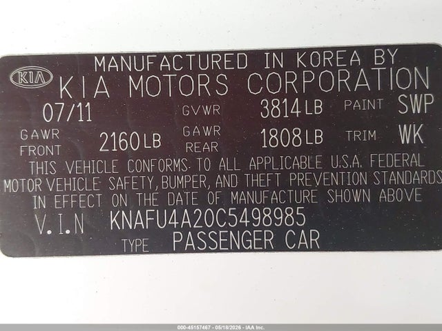 Продаж на аукціоні авто 2012 Kia Forte Ex, vin: KNAFU4A20C5498985, номер лоту: 45157467