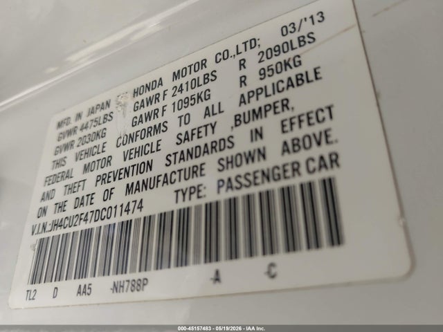 45157483 :رقم المزاد ، JH4CU2F47DC011474 vin ، 2013 Acura Tsx 2.4 مزاد بيع