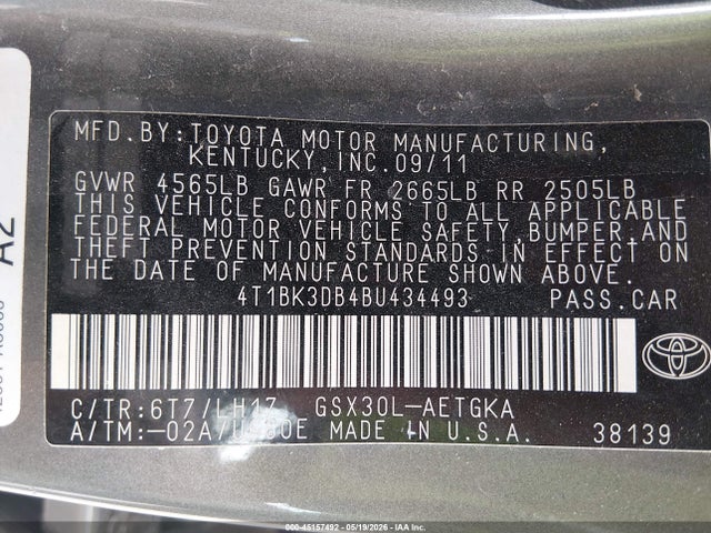 45157492 :رقم المزاد ، 4T1BK3DB4BU434493 vin ، 2011 Toyota Avalon مزاد بيع