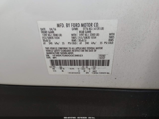 Ford EXPLORER XLT 2016 1FM5K7D80GGC98023 Image 9