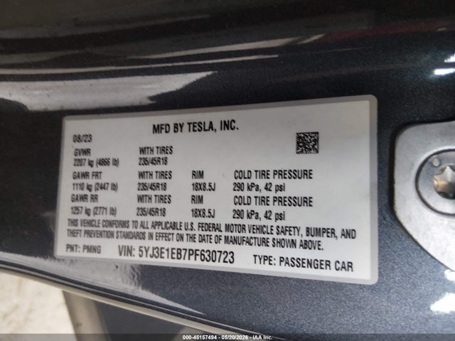 Продаж на аукціоні авто 2023 Tesla Model 3 Long Range Dual Motor All-wheel Drive, vin: 5YJ3E1EB7PF630723, номер лоту: 45157494