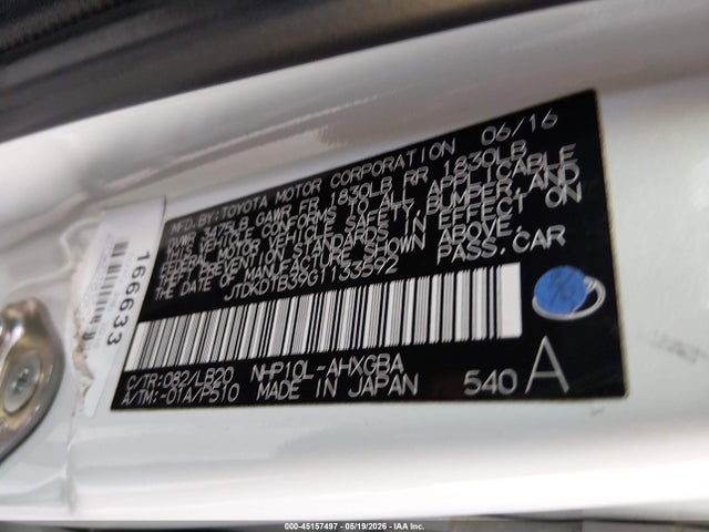 JTDKDTB39G1133592 Toyota Prius C Four