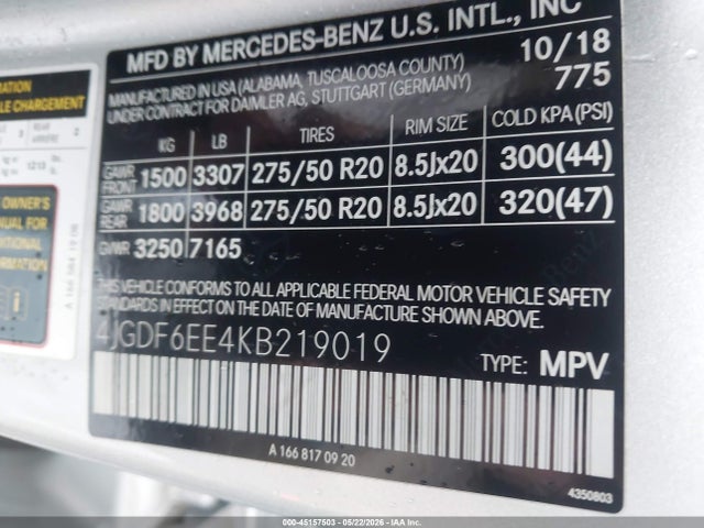 Aukcja sprzedaży 2019 Mercedes-benz Gls 450 4matic, vin: 4JGDF6EE4KB219019, numer aukcji: 45157503