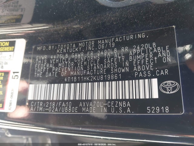 Продажа на аукционе авто 2019 Toyota Camry Le, vin: 4T1B11HK2KU819861, номер лота: 45157510