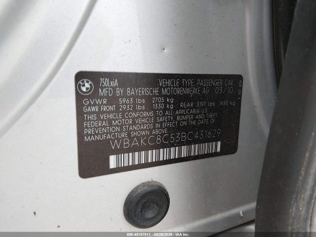 Aukcja sprzedaży 2011 Bmw 750li Xdrive, vin: WBAKC8C53BC431629, numer aukcji: 45157511
