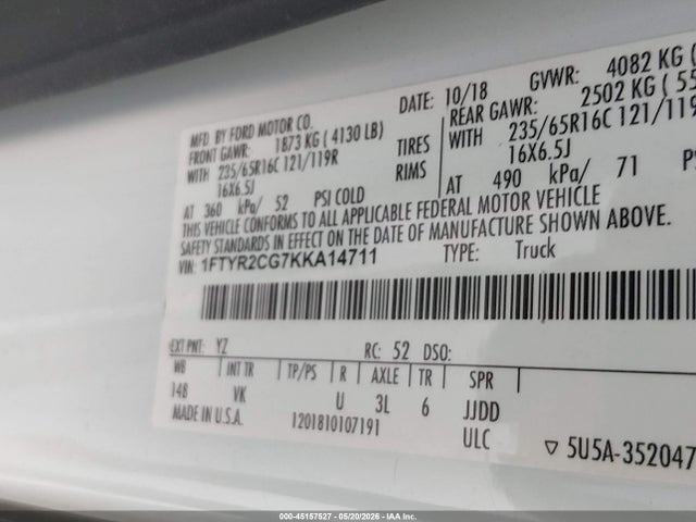 Продажа на аукционе авто 2019 Ford Transit-250, vin: 1FTYR2CG7KKA14711, номер лота: 45157527