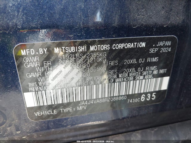 2024 Mitsubishi Outlander Se 2.5 S-awc მანქანა იყიდება აუქციონზე, vin: JA4J4VA88RZ088860, აუქციონის ნომერი: 45157528