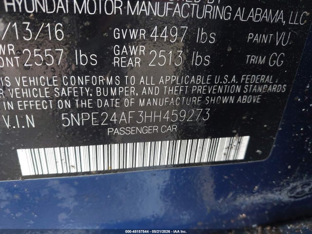 2017 Hyundai Sonata Se მანქანა იყიდება აუქციონზე, vin: 5NPE24AF3HH459273, აუქციონის ნომერი: 45157544