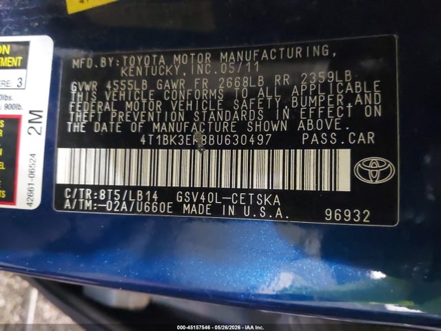 2011 Toyota Camry Se V6 მანქანა იყიდება აუქციონზე, vin: 4T1BK3EK8BU630497, აუქციონის ნომერი: 45157546