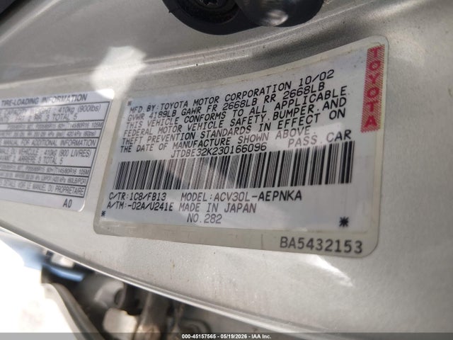 Продаж на аукціоні авто 2003 Toyota Camry Le, vin: JTDBE32K230166096, номер лоту: 45157565