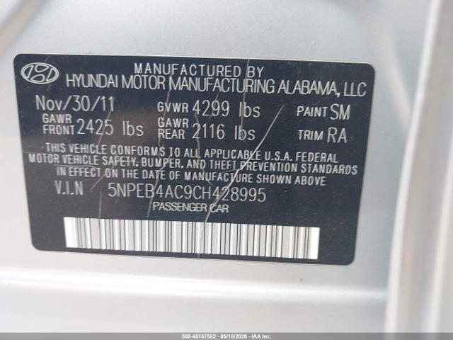 45157582 :رقم المزاد ، 5NPEB4AC9CH428995 vin ، 2012 Hyundai Sonata Gls مزاد بيع