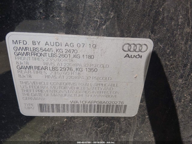 45157581 :رقم المزاد ، WA1CFAFP0BA020276 vin ، 2011 Audi Q5 2.0t Premium مزاد بيع