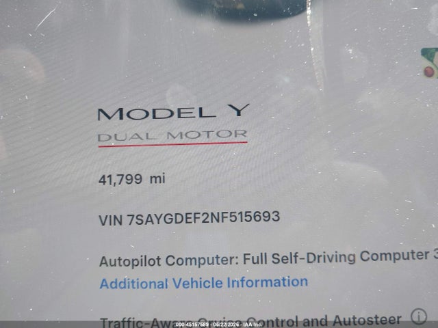 Aukcja sprzedaży 2022 Tesla Model Y Performance Dual Motor All-wheel Drive, vin: 7SAYGDEF2NF515693, numer aukcji: 45157589