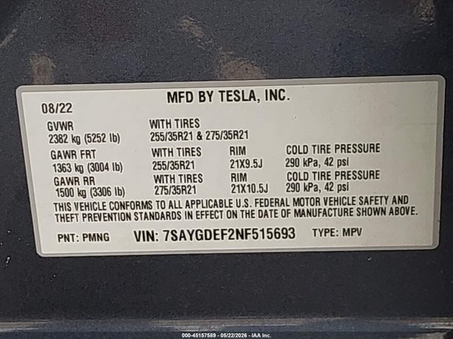 Aukcja sprzedaży 2022 Tesla Model Y Performance Dual Motor All-wheel Drive, vin: 7SAYGDEF2NF515693, numer aukcji: 45157589