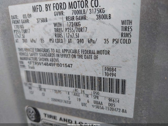 Продажа на аукционе авто 2009 Ford F-150 Xl/xlt, vin: 1FTRW14849FB01547, номер лота: 45157594