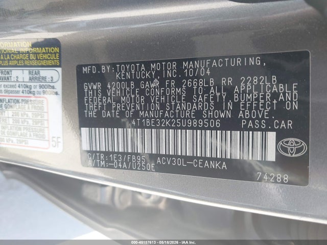 Продаж на аукціоні авто 2005 Toyota Camry Le, vin: 4T1BE32K25U989506, номер лоту: 45157613