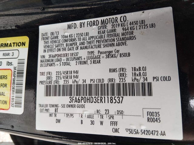Ford FUSION SE 2014 3FA6P0HD3ER118537 Image 9