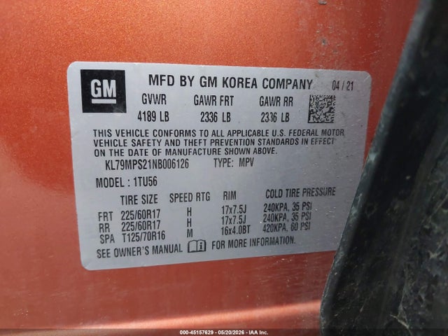 Продажа на аукционе авто 2022 Chevrolet Trailblazer Fwd Lt, vin: KL79MPS21NB006126, номер лота: 45157629