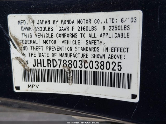 Aukcja sprzedaży 2003 Honda Cr-v Ex, vin: JHLRD78803C038025, numer aukcji: 45157631