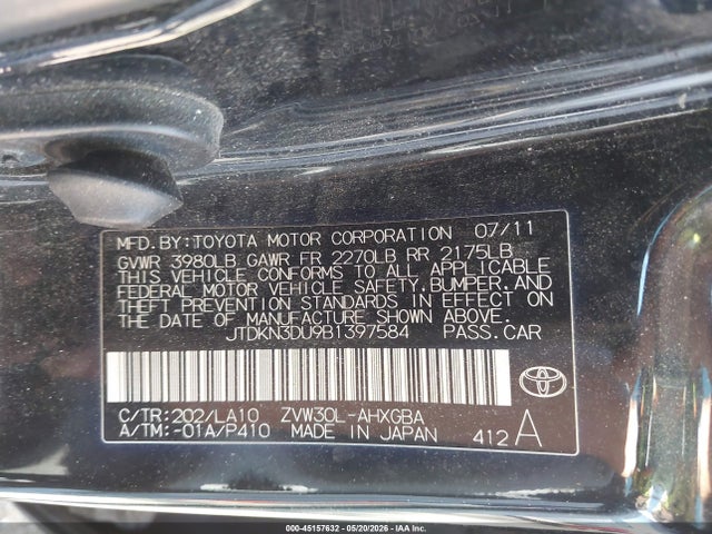 45157632 :رقم المزاد ، JTDKN3DU9B1397584 vin ، 2011 Toyota Prius مزاد بيع