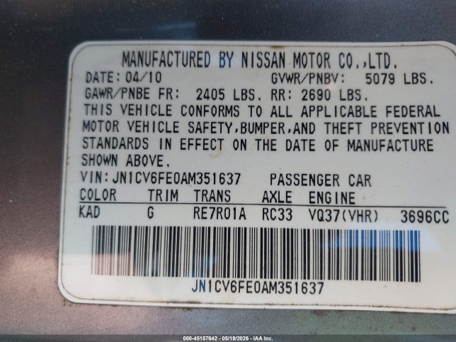 Aukcja sprzedaży 2010 Infiniti G37, vin: JN1CV6FE0AM351637, numer aukcji: 45157642