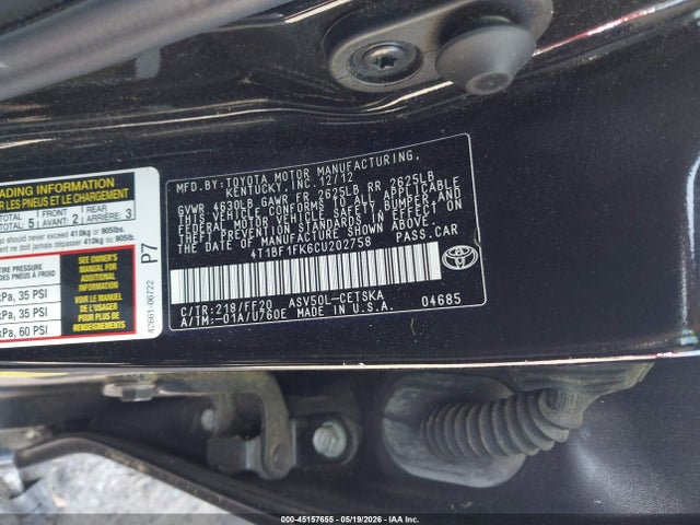Aukcja sprzedaży 2012 Toyota Camry Se, vin: 4T1BF1FK6CU202758, numer aukcji: 45157655