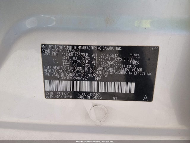 Продаж на аукціоні авто 2011 Toyota Rav4 Limited V6, vin: 2T3DK4DV3BW061267, номер лоту: 45157665