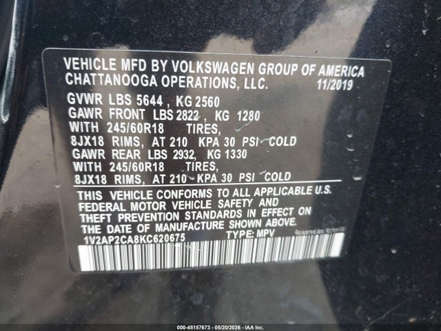 Aukcja sprzedaży 2019 Volkswagen Atlas 2.0t S, vin: 1V2AP2CA8KC620675, numer aukcji: 45157673