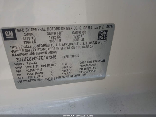 Продаж на аукціоні авто 2015 Gmc Sierra 1500 Sle, vin: 3GTU2UEC9FG147346, номер лоту: 45157679