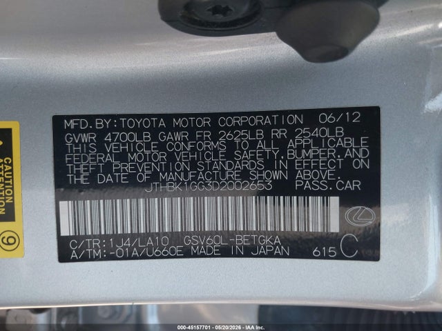 45157701 :رقم المزاد ، JTHBK1GG3D2002653 vin ، 2013 Lexus Es 350 مزاد بيع