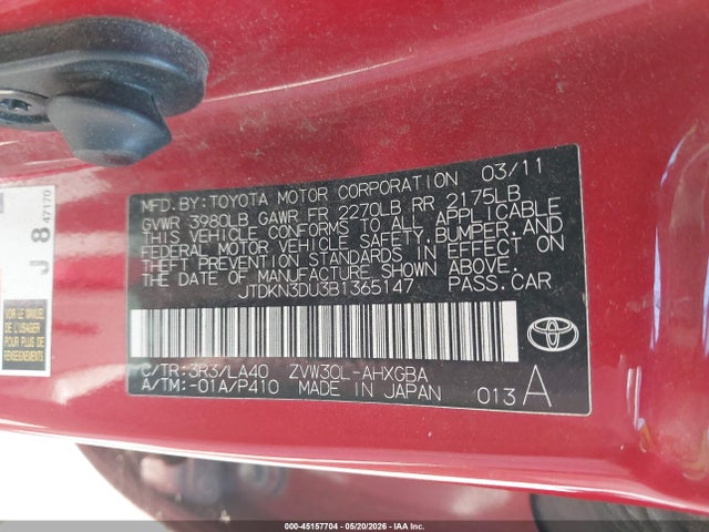 45157704 :رقم المزاد ، JTDKN3DU3B1365147 vin ، 2011 Toyota Prius Four مزاد بيع