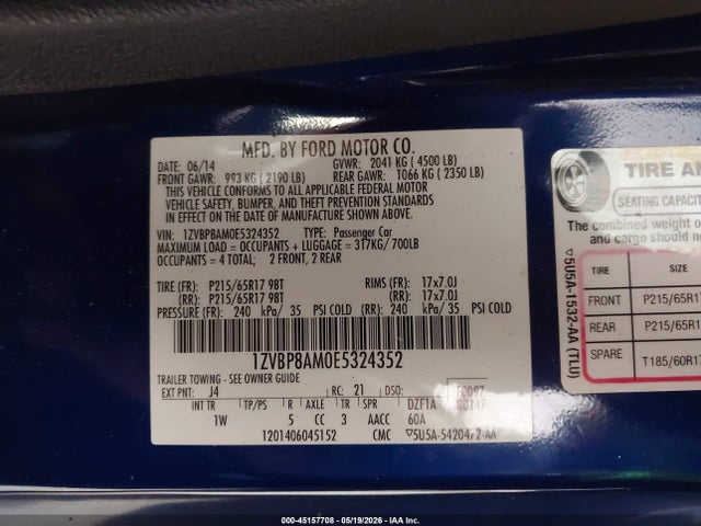 45157708 :رقم المزاد ، 1ZVBP8AM0E5324352 vin ، 2014 Ford Mustang V6 مزاد بيع