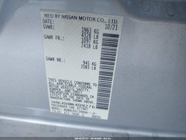 1N4BL4DV8MN409276 Nissan Altima Sv Fwd