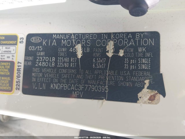 45157739 :رقم المزاد ، KNDPBCAC3F7790395 vin ، 2015 Kia Sportage Lx مزاد بيع
