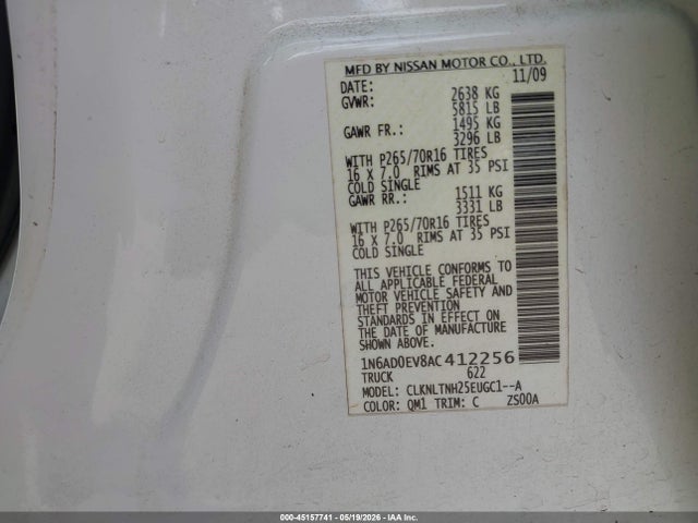 45157741 :رقم المزاد ، 1N6AD0EV8AC412256 vin ، 2010 Nissan Frontier Se مزاد بيع