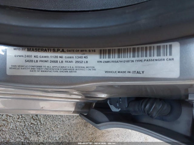 45157751 :رقم المزاد ، ZAM57RSA7H1218739 vin ، 2017 Maserati Ghibli S مزاد بيع