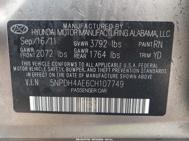 2012 Hyundai Elantra Limited მანქანა იყიდება აუქციონზე, vin: 5NPDH4AE6CH107749, აუქციონის ნომერი: 45157752