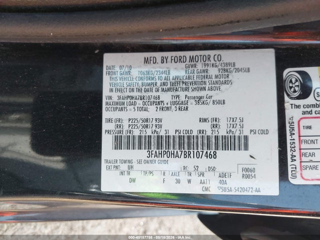 2011 Ford Fusion Se მანქანა იყიდება აუქციონზე, vin: 3FAHP0HA7BR107468, აუქციონის ნომერი: 45157758